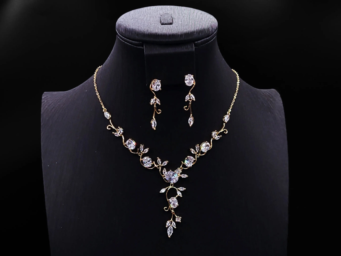 Simple Floral Vine Jewelry Set, Platinum Plated Cubic Zirconia Kebble Jewelry