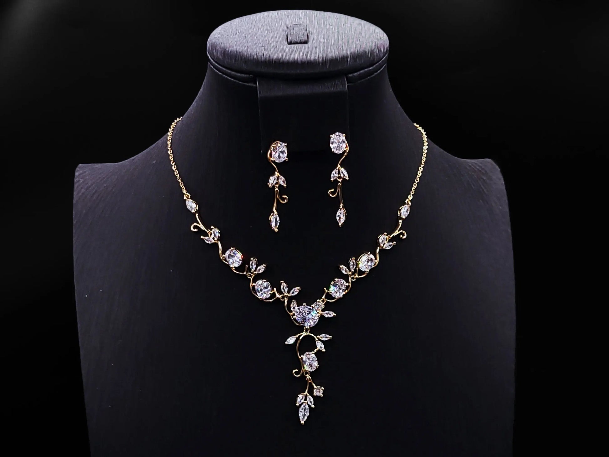 Simple Floral Vine Jewelry Set, Platinum Plated Cubic Zirconia Kebble Jewelry