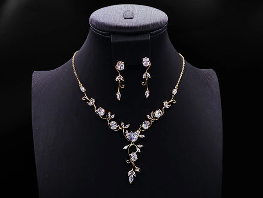 Simple Floral Vine Jewelry Set, Platinum Plated Cubic Zirconia Kebble Jewelry