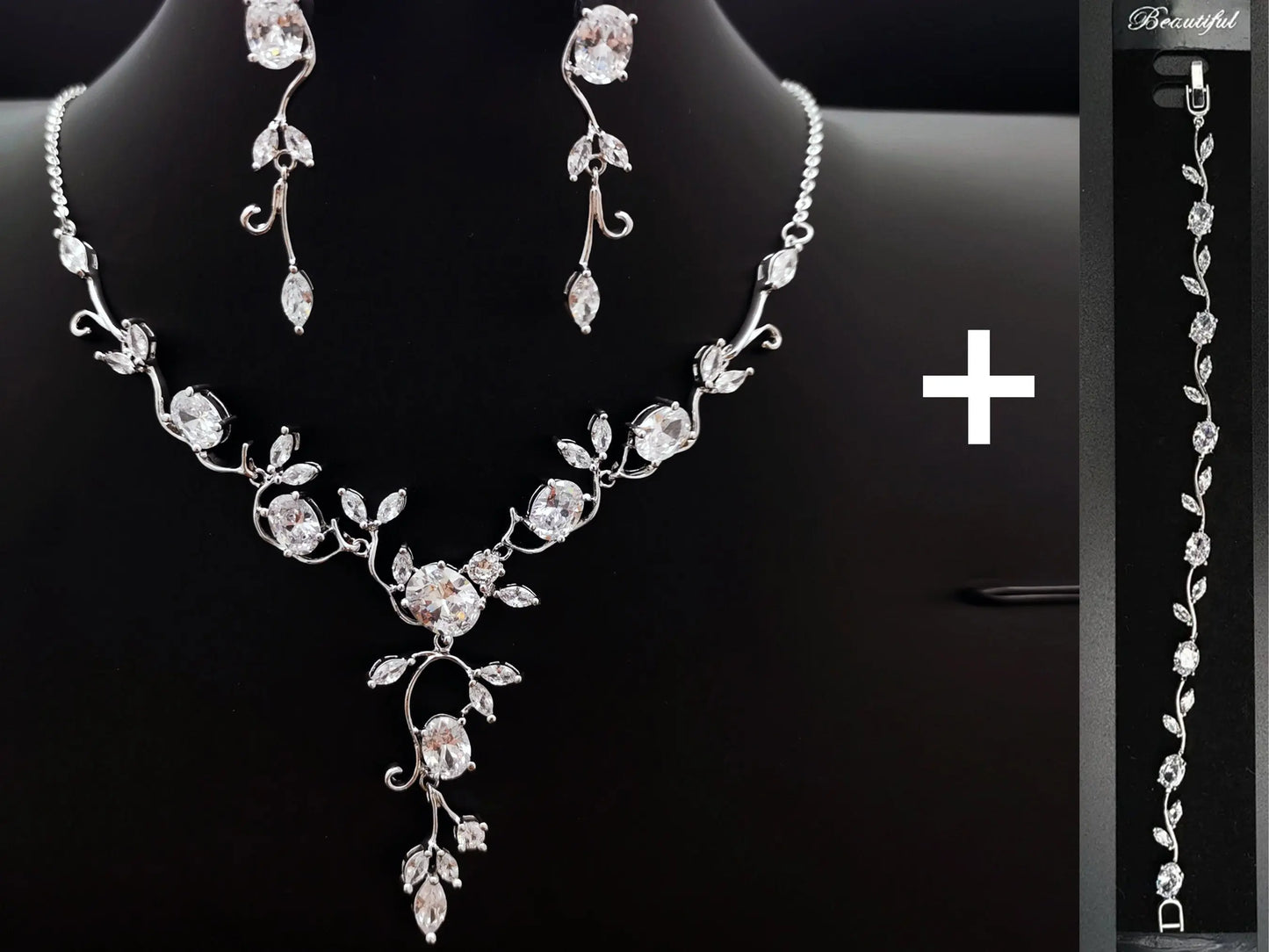 Simple Floral Vine Jewelry Set, Platinum Plated Cubic Zirconia Kebble Jewelry