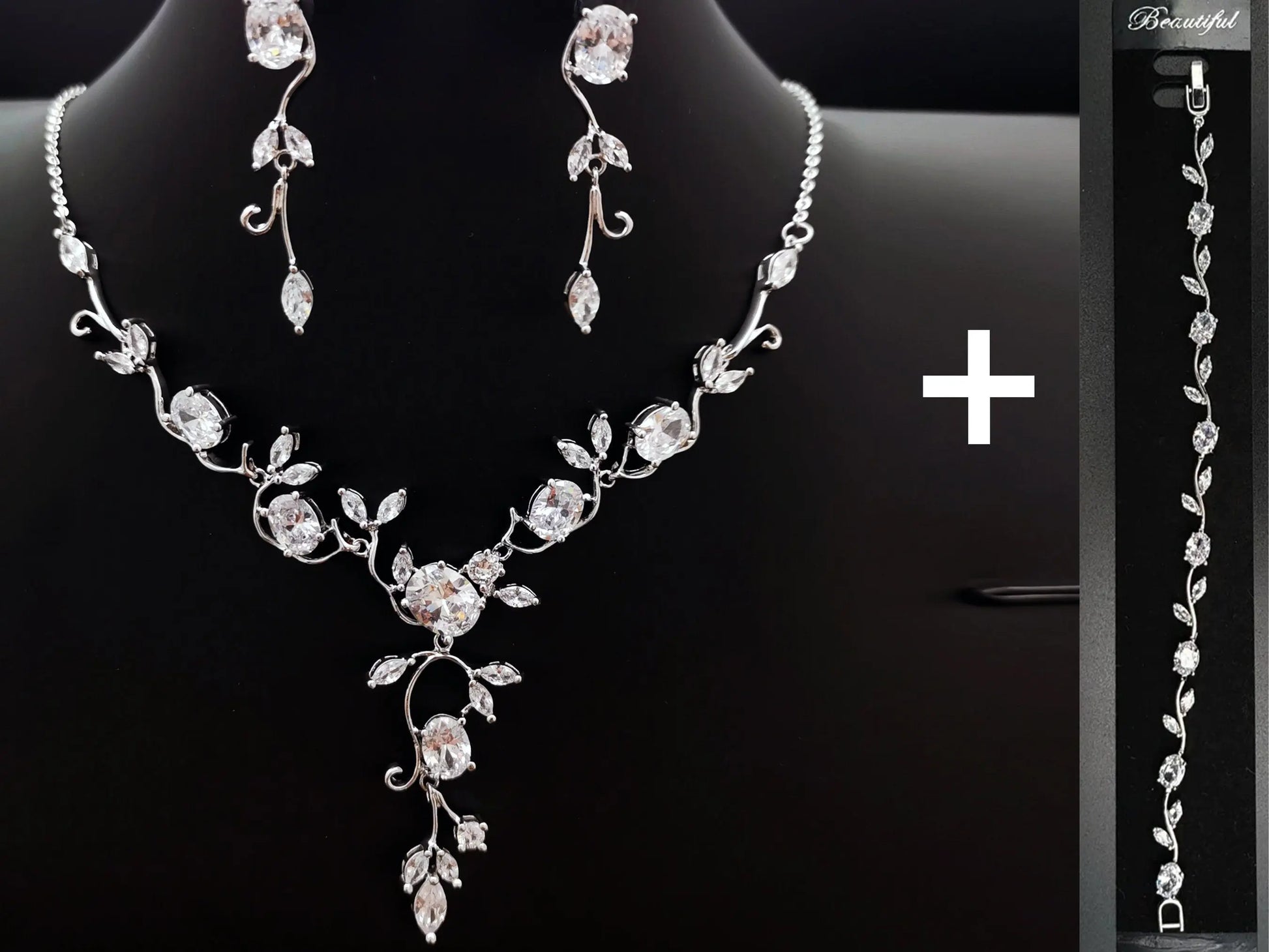 Simple Floral Vine Jewelry Set, Platinum Plated Cubic Zirconia Kebble Jewelry