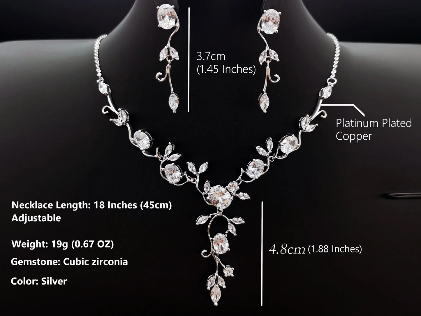 Simple Floral Vine Jewelry Set, Platinum Plated Cubic Zirconia Kebble Jewelry