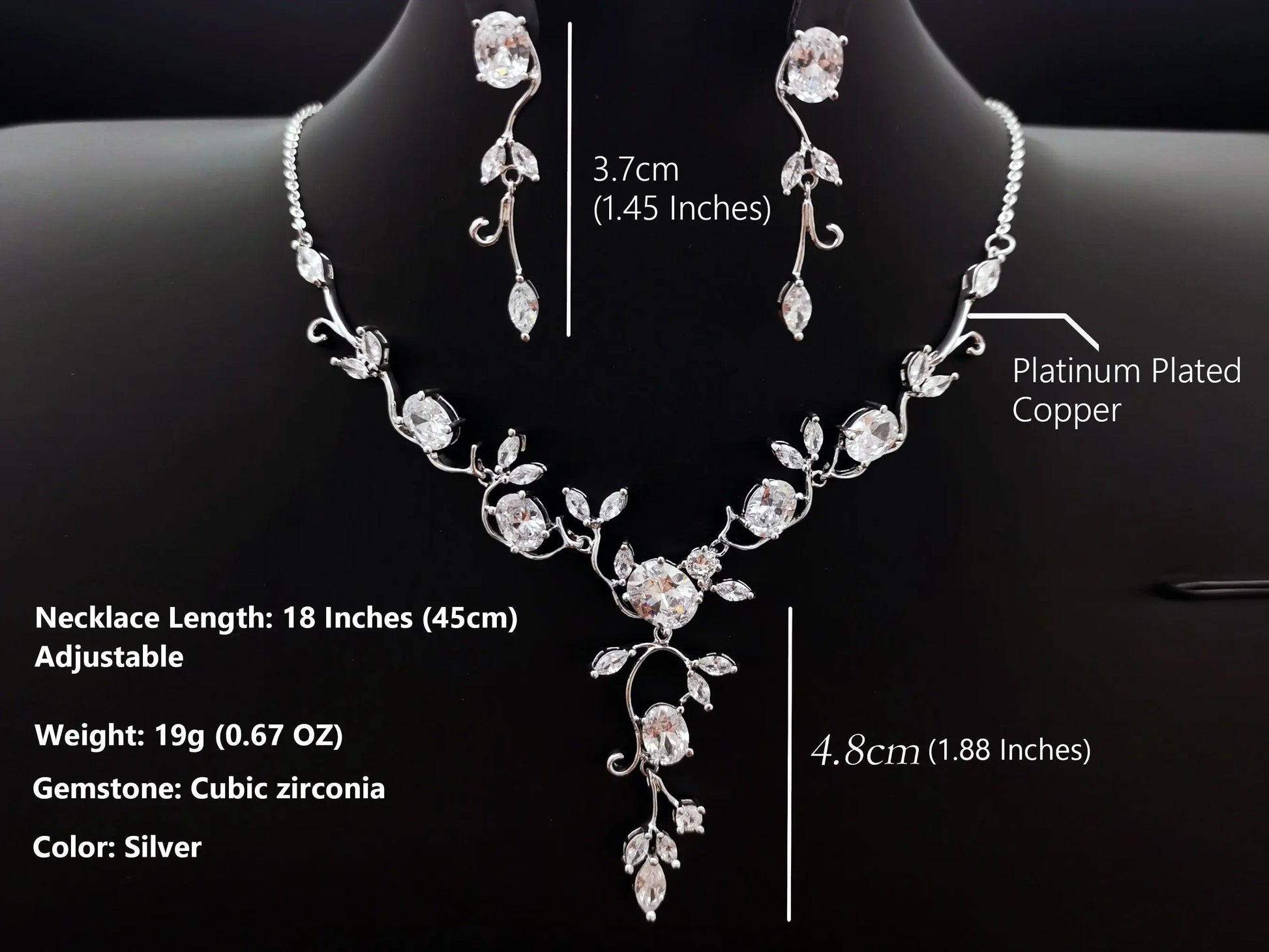 Simple Floral Vine Jewelry Set, Platinum Plated Cubic Zirconia Kebble Jewelry