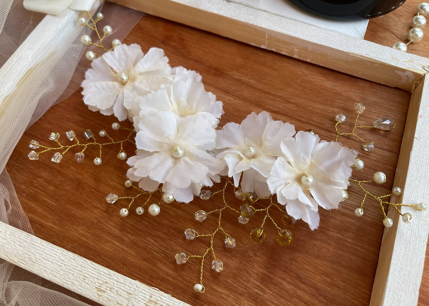 Gold Bridal Hair Vine With Ivory Flowers, Wedding Comb, Wedding Hair Piece, Wedding Hair Comb, Hair Vine Wedding, Gold Hair Jewelry ~H-17