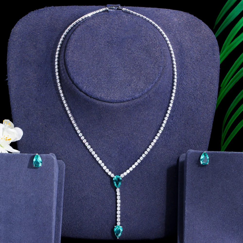 Trendy Long Chain Necklace and Earrings with Green Cubic Zirconia Stones - Water Drop Jewelry Set in Silver