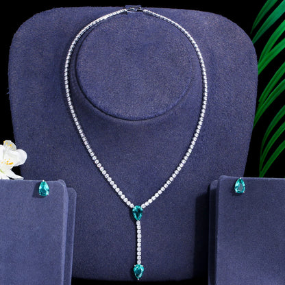 Trendy Long Chain Necklace and Earrings with Green Cubic Zirconia Stones - Water Drop Jewelry Set in Silver