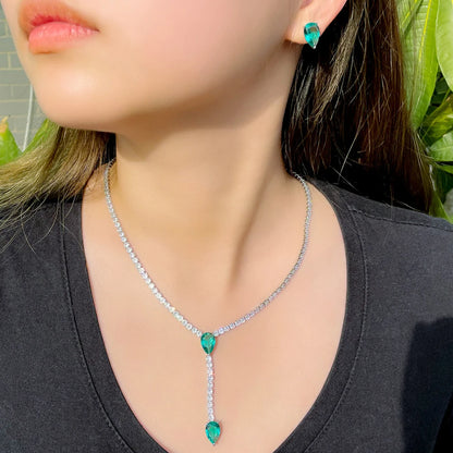 Trendy Long Chain Necklace and Earrings with Green Cubic Zirconia Stones - Water Drop Jewelry Set in Silver