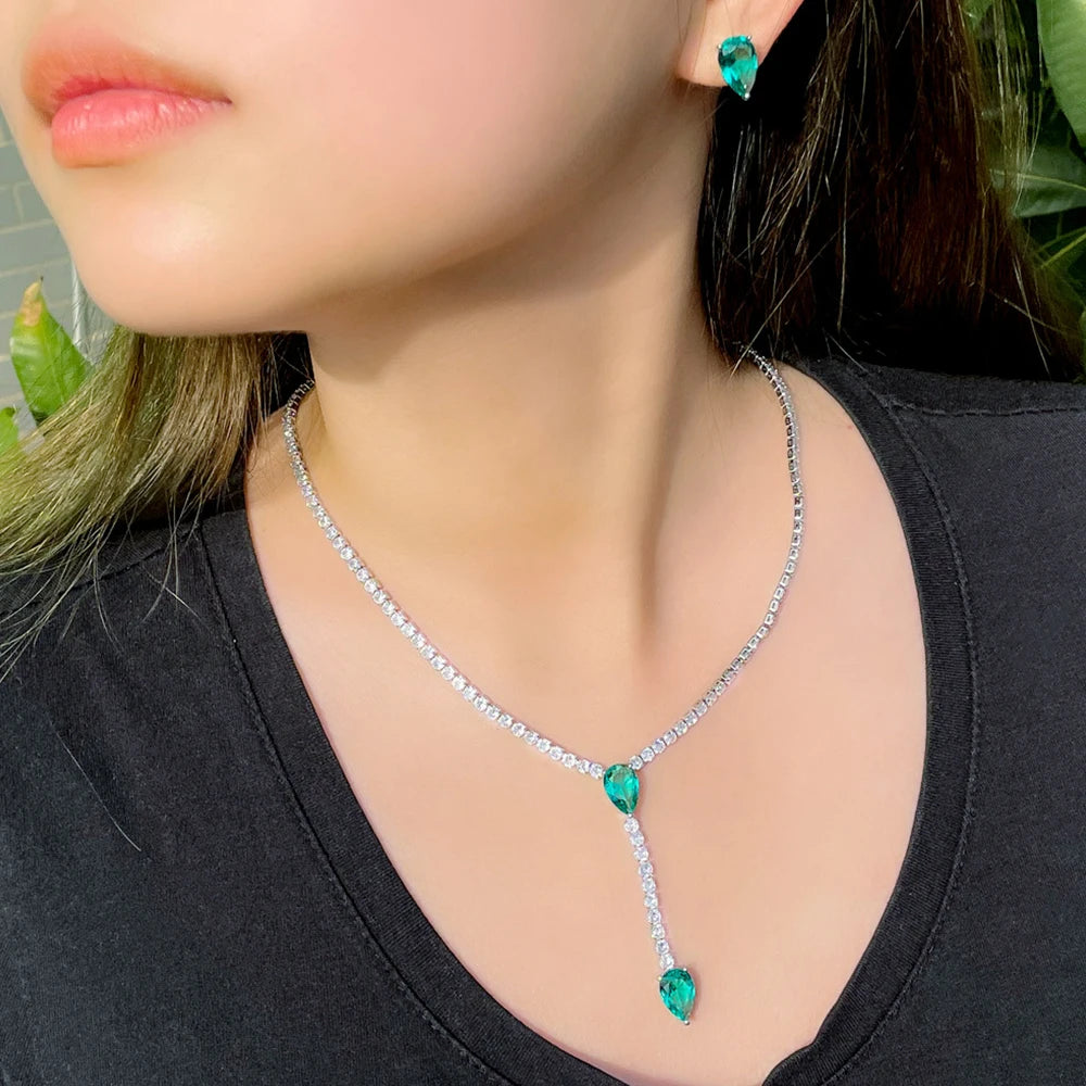 Trendy Long Chain Necklace and Earrings with Green Cubic Zirconia Stones - Water Drop Jewelry Set in Silver