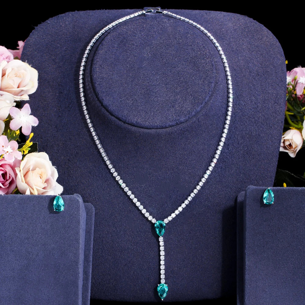 Trendy Long Chain Necklace and Earrings with Green Cubic Zirconia Stones - Water Drop Jewelry Set in Silver