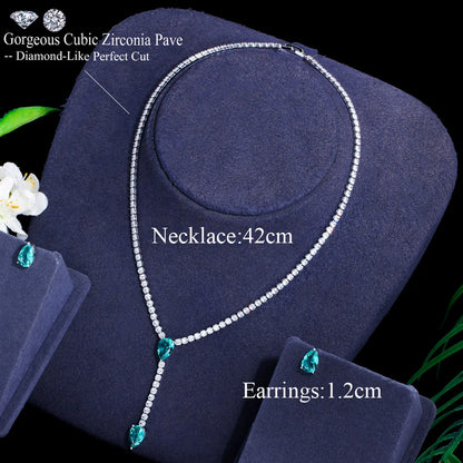 Trendy Long Chain Necklace and Earrings with Green Cubic Zirconia Stones - Water Drop Jewelry Set in Silver