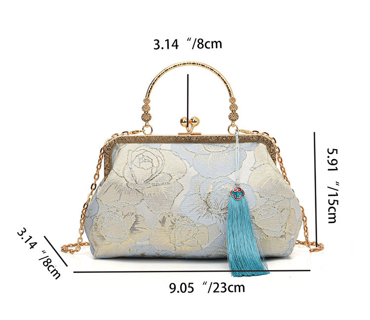 White Floral Bag Evening Clutch With Simple Roses Design, Golden Chain and Handle