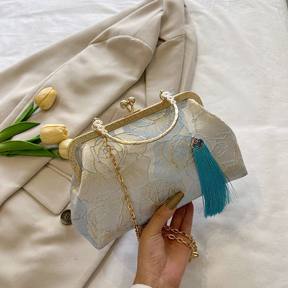 White Floral Bag Evening Clutch With Simple Roses Design, Golden Chain and Handle