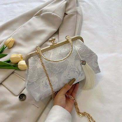 White Floral Bag Evening Clutch With Simple Roses Design, Golden Chain and Handle