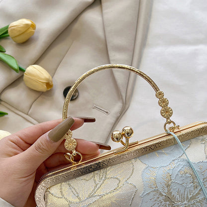 White Floral Bag Evening Clutch With Simple Roses Design, Golden Chain and Handle