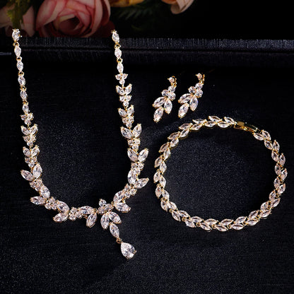 Leaf Bridal Jewelry Set - Necklace, Earrings, Bracelet, and Ring in Silver, Rose Gold, and Gold