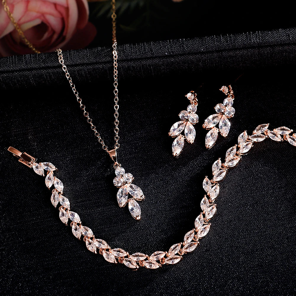 Leaf Bridal Jewelry Set - Necklace, Earrings, Bracelet, and Ring in Silver, Rose Gold, and Gold