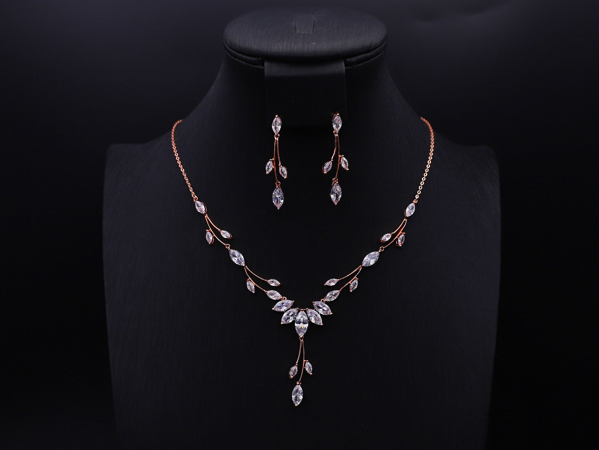 Luxury Bridal Necklace and Earrings Set, Crystal Wedding Jewelry for Bride, Rose Gold Bridal Necklace Set