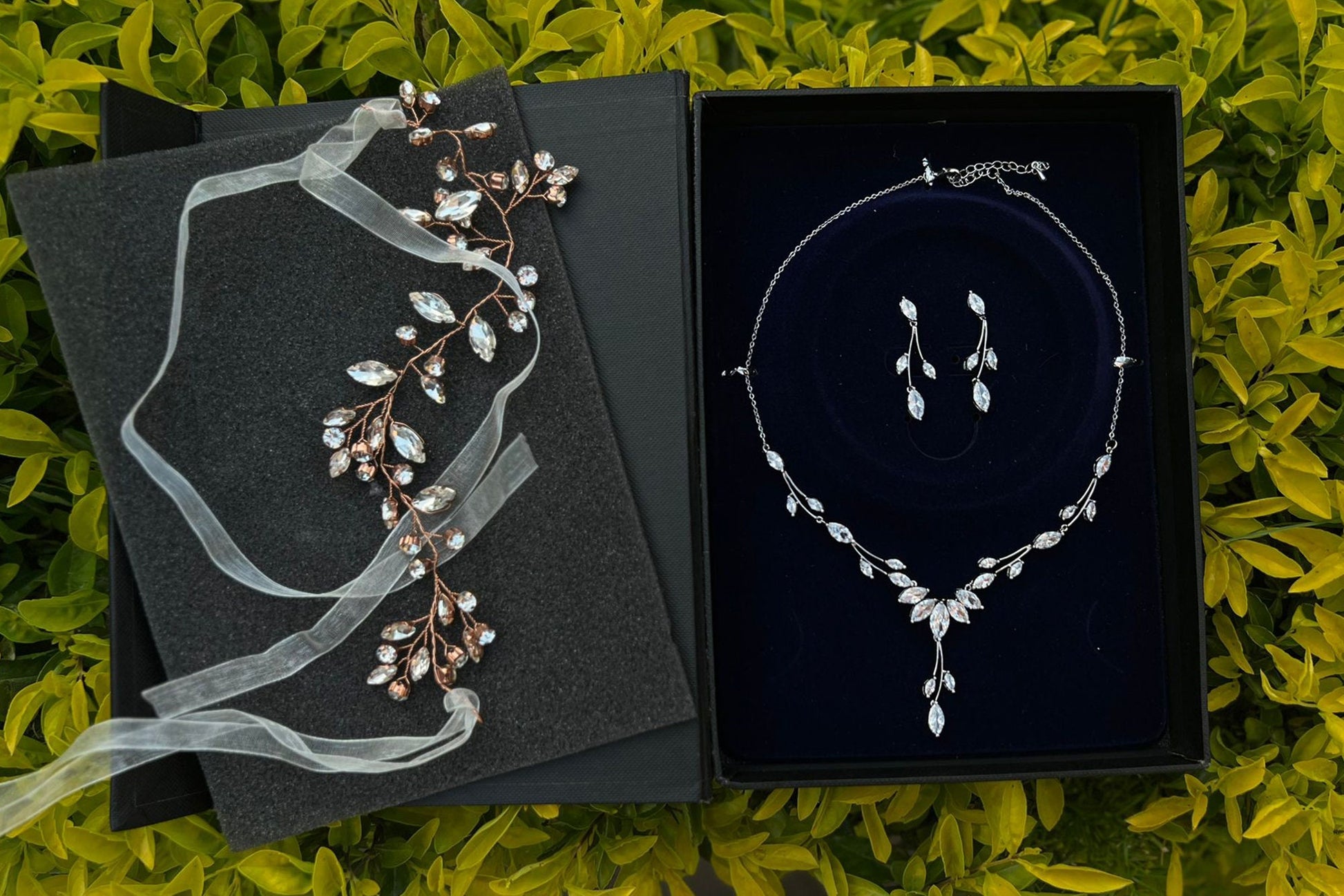 Platinum-Plated Bridal Jewelry Set - Dainty Leaf Necklace and Earrings for Weddings and Proms