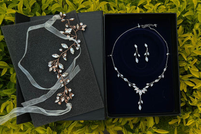 Platinum-Plated Bridal Jewelry Set - Dainty Leaf Necklace and Earrings for Weddings and Proms