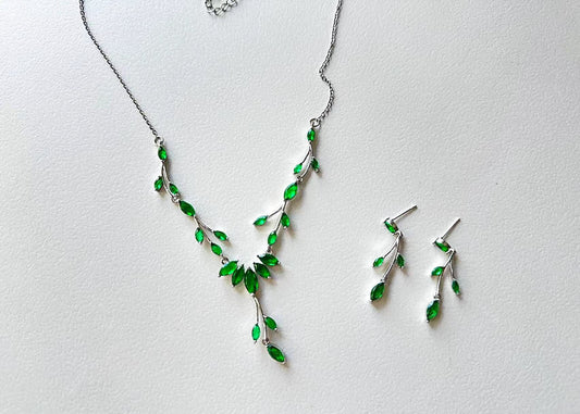 Green Leaf Shape Bridal Jewelry Set For Bride, Emerald Green CZ Dainty Necklace and Earrings Set, Platinum Plated Statement Necklace Set