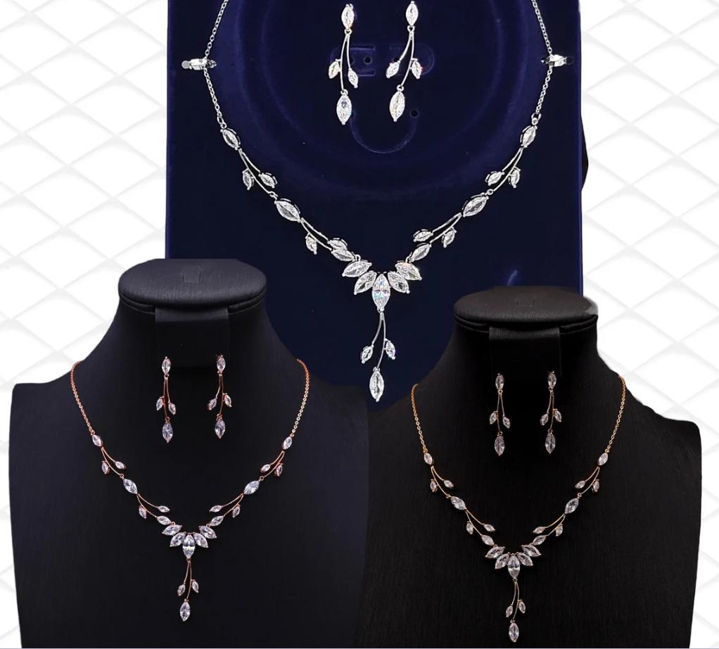 Platinum-Plated Bridal Jewelry Set - Dainty Leaf Necklace and Earrings for Weddings and Proms