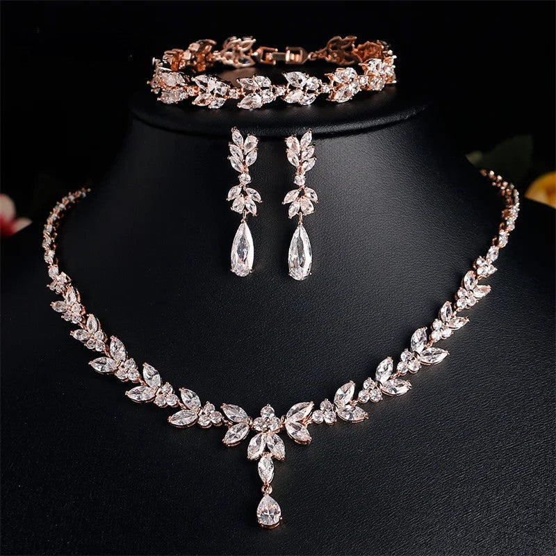 Leaf Bridal Jewelry Set - Necklace, Earrings, Bracelet, and Ring in Silver, Rose Gold, and Gold