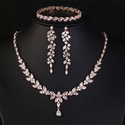 Leaf Bridal Jewelry Set - Necklace, Earrings, Bracelet, and Ring in Silver, Rose Gold, and Gold