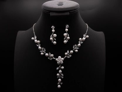 Seed Pearl Necklace, Bridal Flower Leaf, Silver Pearl Earrings Kebble Jewelry