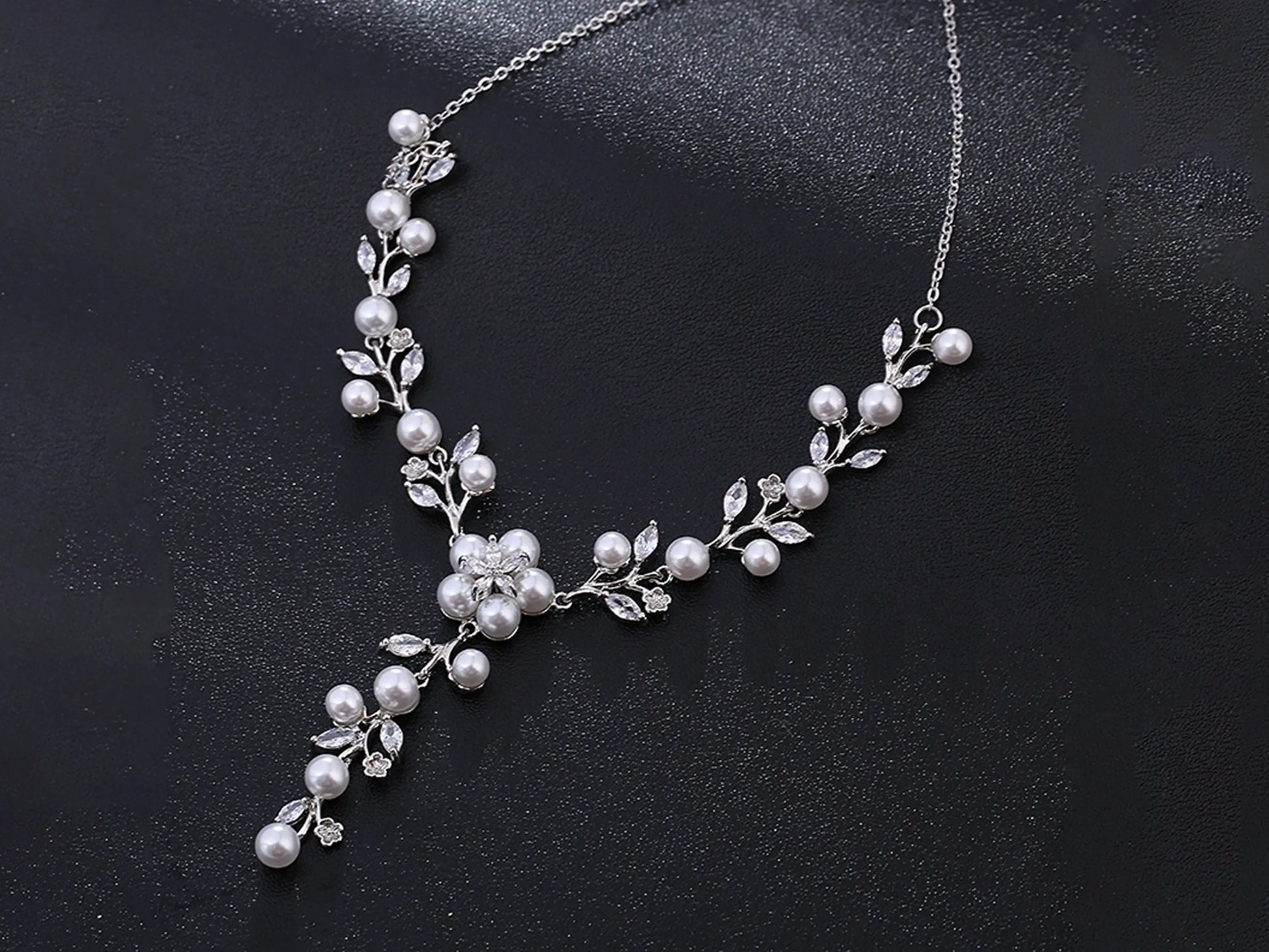 Seed Pearl Necklace, Bridal Flower Leaf, Silver Pearl Earrings Kebble Jewelry