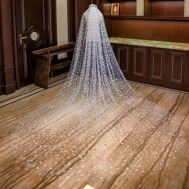 White Veil Cathedral Wedding Veil, Simple Wedding Veil, Wedding Veil With Beautiful Stars kebblejewelry