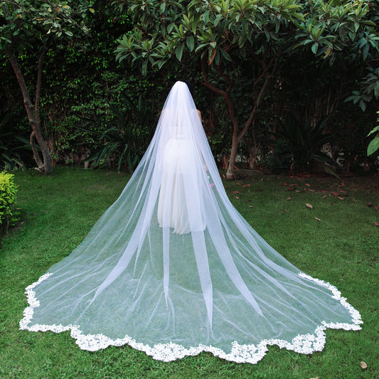 Floral Wedding Veil, Veil With Blusher, Cathedral Length Veil, Vintage Simple Wedding Veil For Bride